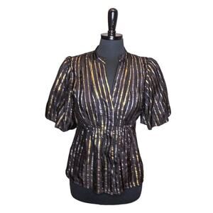 BCBGmaxazaria  Silk Blouse Short Sleeve Black Gold Striped V Neck M